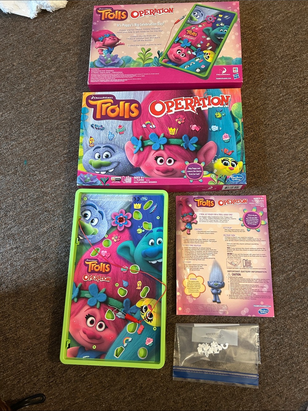 Dreamworks 2016 Trolls Operation Family Game,Tweezers,12 Charms. Complete Set.